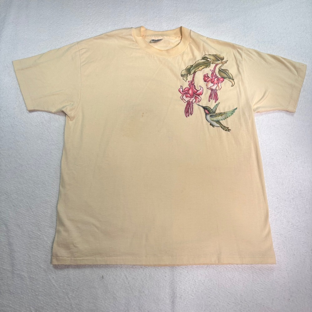 Vintage Hanes Hummingbird Floral T Shirt XL USA Single Stitch Nature Graphic